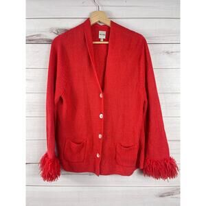 Nic + Zoe Shocking Red Cardigan Sweater Fringe Sleeves Shell Buttons‎ Size XL